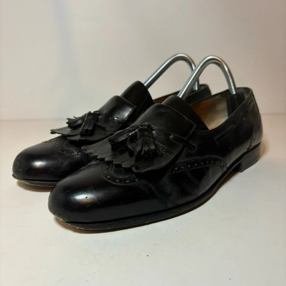 Salvatore Ferragamo Kiltie Tassel Loafers Black Polished Calf Mens 8.5 D 614U - Picture 1 of 10